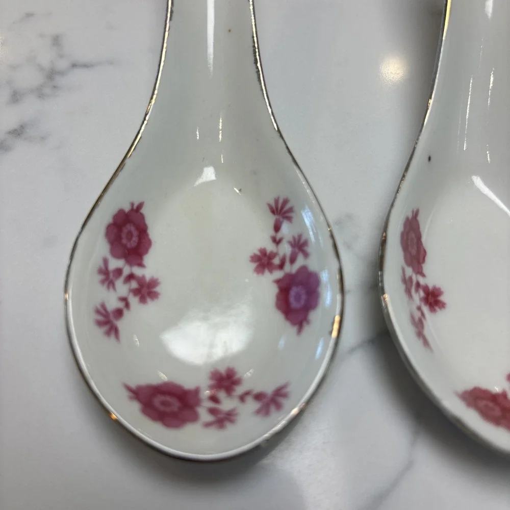 VTG Chinese Porcelain Spoons‎ Pink Roses Floral Gold Edging  5